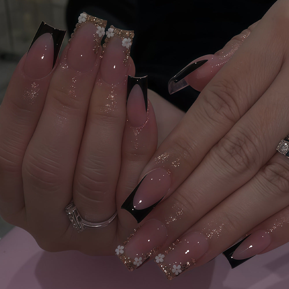 Chic Glamour Medium Square Soft Pink with Black Tips and Floral Accents Press On Nail Set