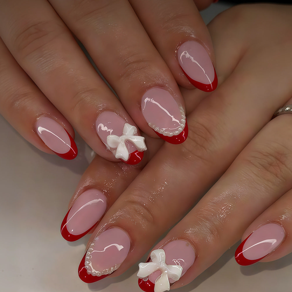 Charming Romance Short Almond Red French Tip Press On Nail Set with Bow Accents