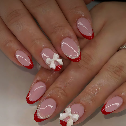 Charming Romance Short Almond Red French Tip Press On Nail Set with Bow Accents