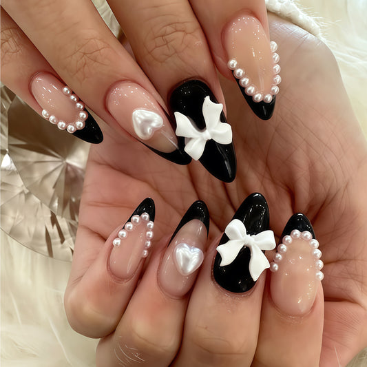 Elegant Romance Short Almond Black and Beige Press On Nail Set with Charming Pearl and Bow Accents