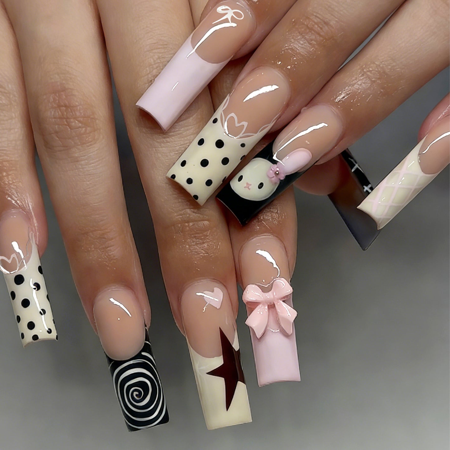 Charming Whimsical Press On Nail Set Long Square Pink with Cute Bunny and Bow Design