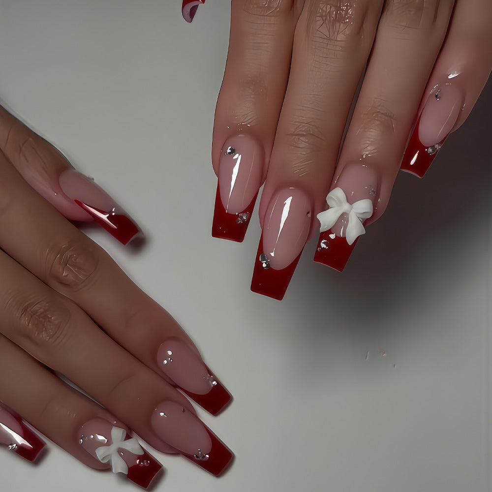 Festive Elegance Long Square Red Ombré Design with Bow and Rhinestones Press on Nail Set