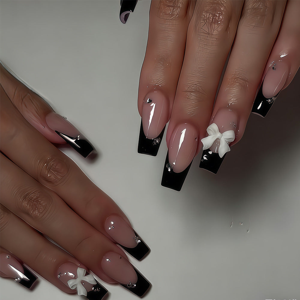 Elegant Noir Long Square Pink and Black Floral Accent Press On Nail Set