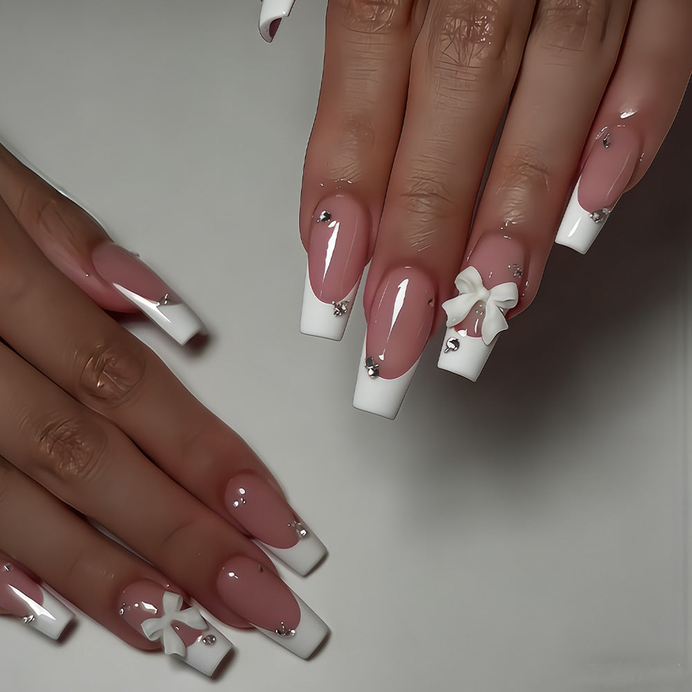 Chic Elegance Long Coffin Pink and White Nails with Bow and Rhinestones
