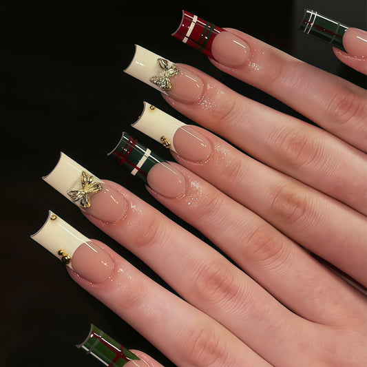 Enchanting Holiday Elegance Long Square Green and Red Plaid with Butterfly and Gold Accents Press-On Nail Set