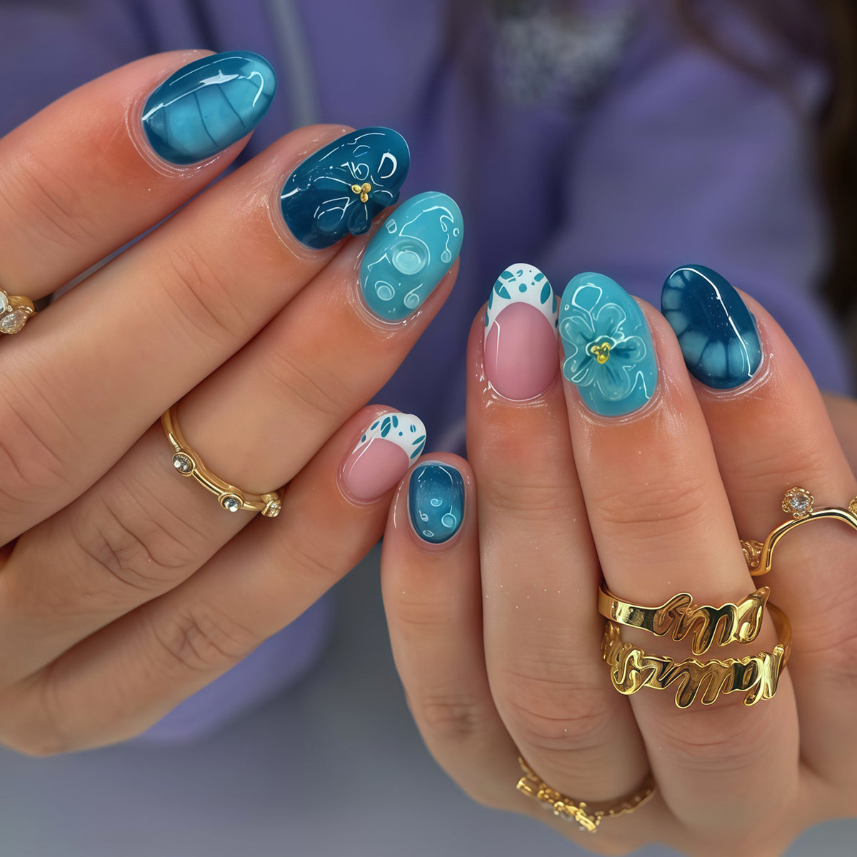 Ocean Breeze Short Oval Blue Nail Set with Floral Accents