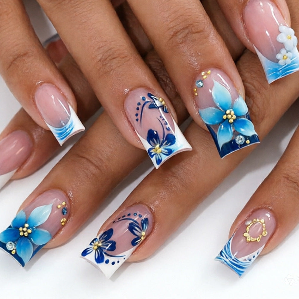 Floral Fantasy Medium Square Blue with Dazzling Accents Press on Nail Set