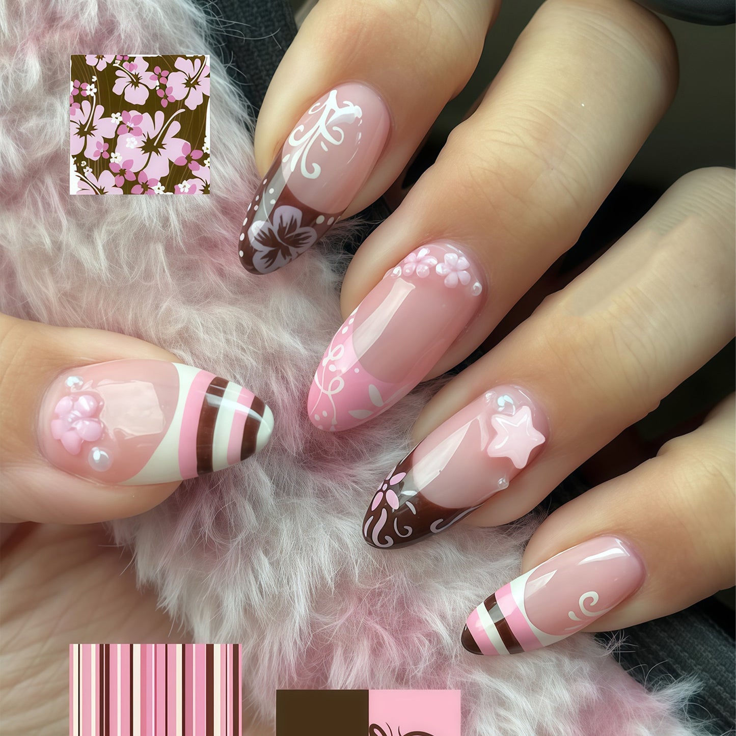 Blossom Inspired Medium Almond Pink Nails with Floral Accents