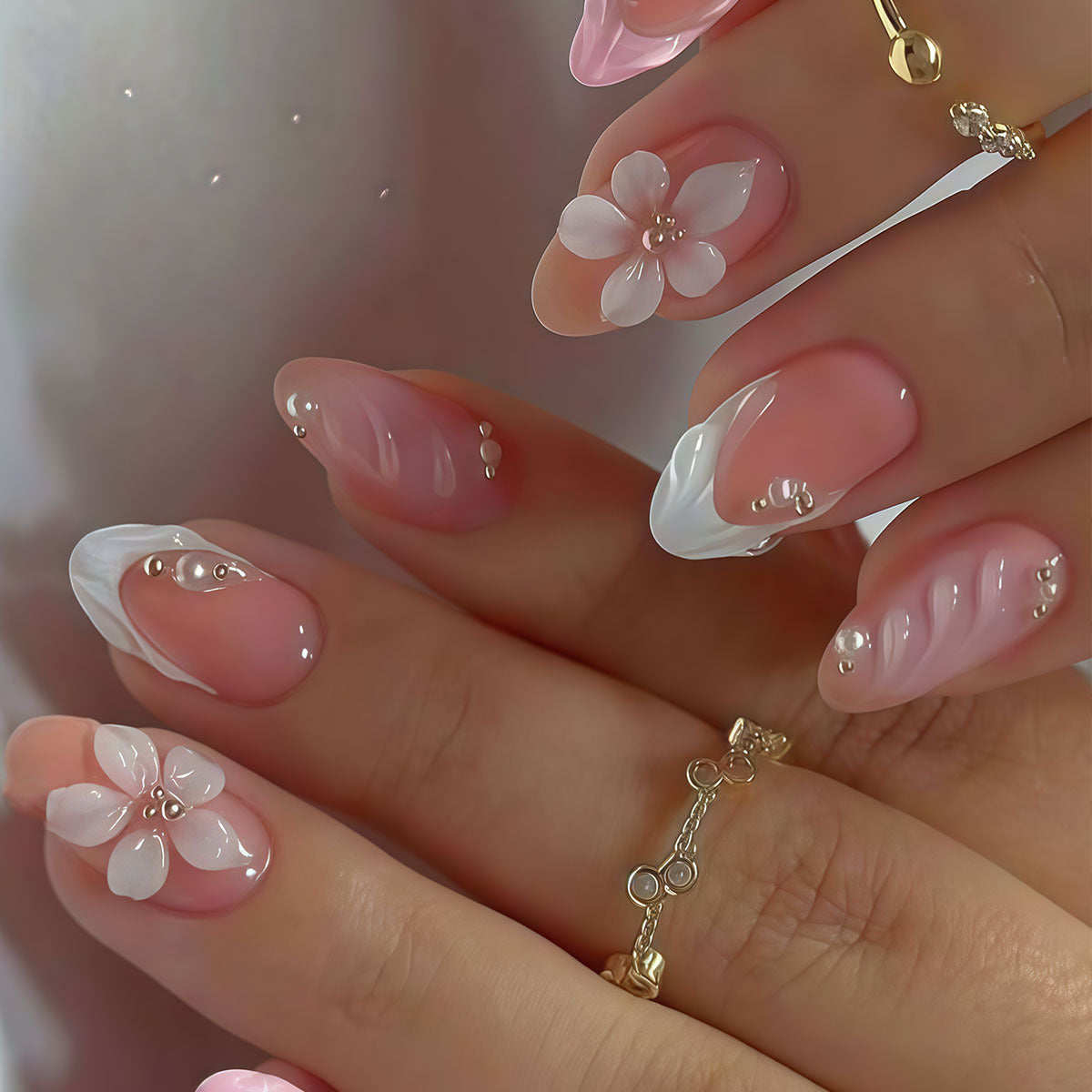 Whimsical Blossom Medium Almond Pink and White Press On Nail Set with Floral Accents