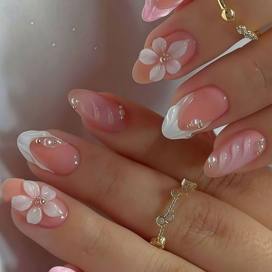 Whimsical Blossom Medium Almond Pink and White Press On Nail Set with Floral Accents