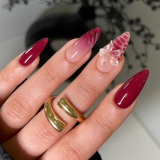 Glamorous Elegance Long Almond Burgundy Ombré with Floral Accent Press On Nail Set