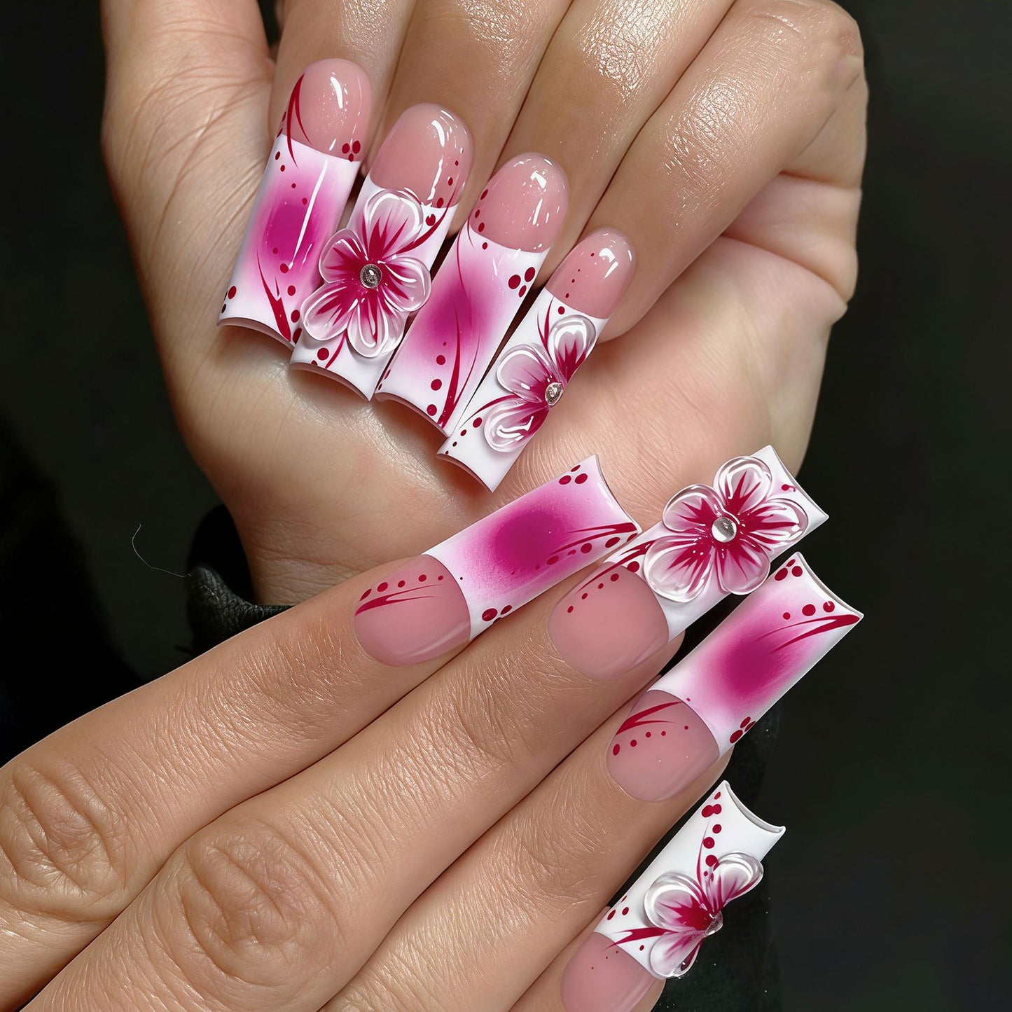 Whimsical Blossom Long Square Pink Gradient with Floral Embellishments Press On Nail Set