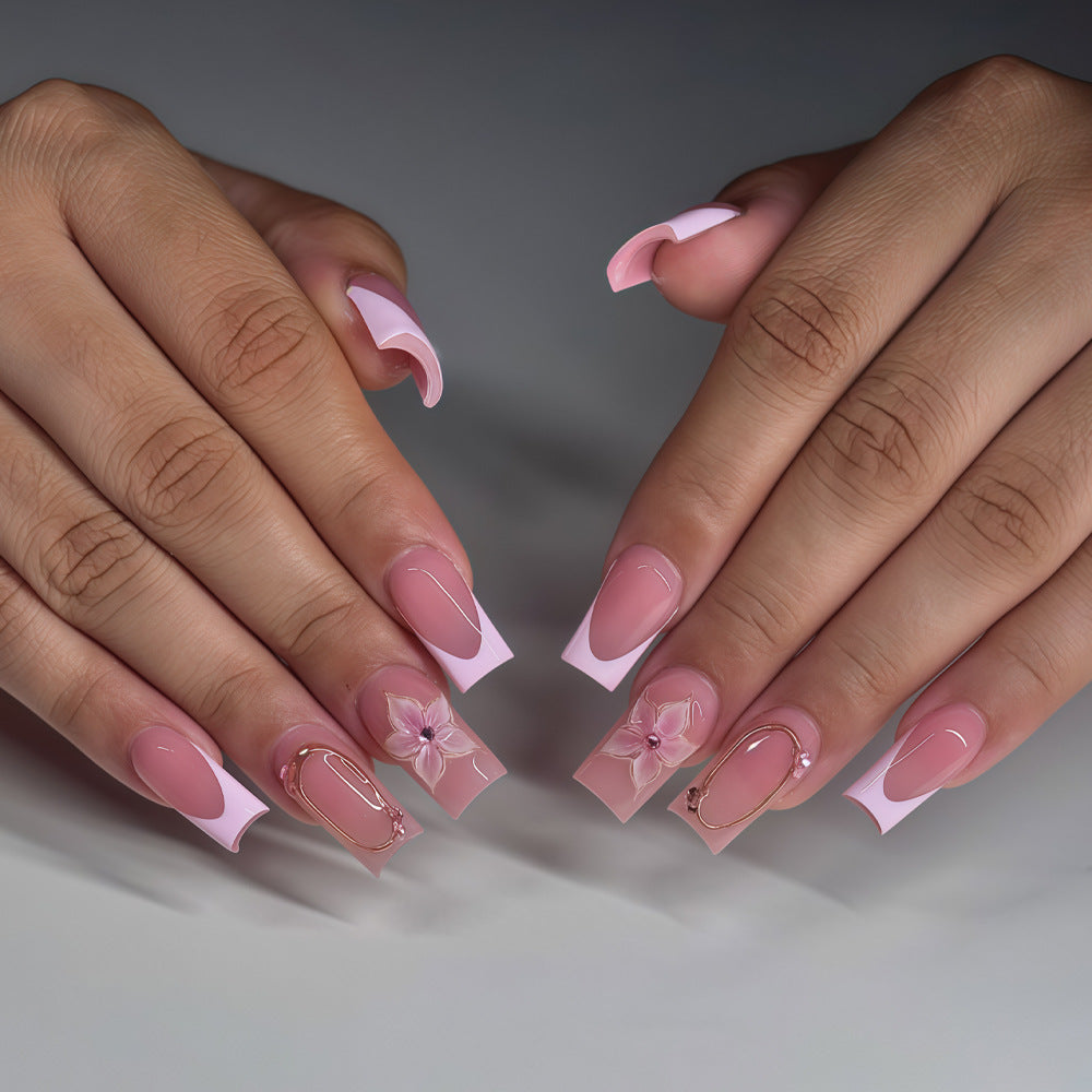 Blossom Elegance Long Square Pink Nails with Floral and Glossy Accents