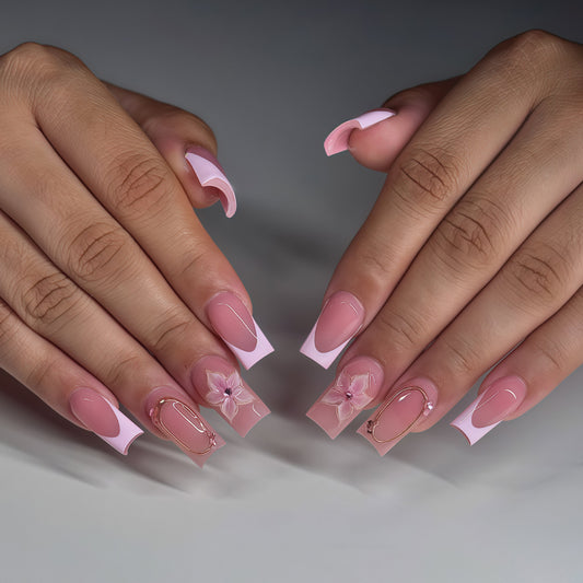 Blossom Elegance Long Square Pink Nails with Floral and Glossy Accents