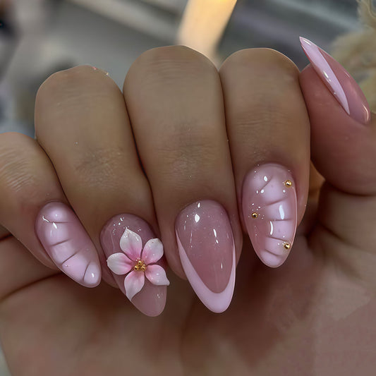 Cherry Blossom Elegance Medium Almond Pink Press-On Nail Set with Floral Accents and Glossy Finish