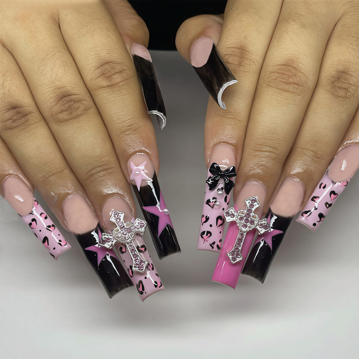 Glamorous Gothic Long Square Pink and Black Nail Set with Rhinestone and Bow Accents
