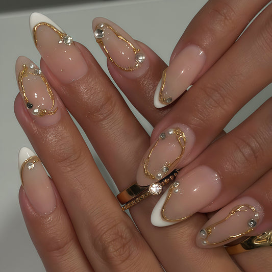 Elegant Glamour Long Almond Design Blush Pink with Gold Details and Crystal Embellishments Press On Nail Set