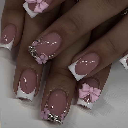 Charming Elegance Medium Square Pink with Bow and Flower Embellishments Press On Nail Set