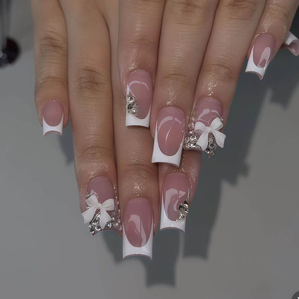 Elegant Couture Medium Square Pink and White Press-On Nail Set with Sparkling Bow Accents