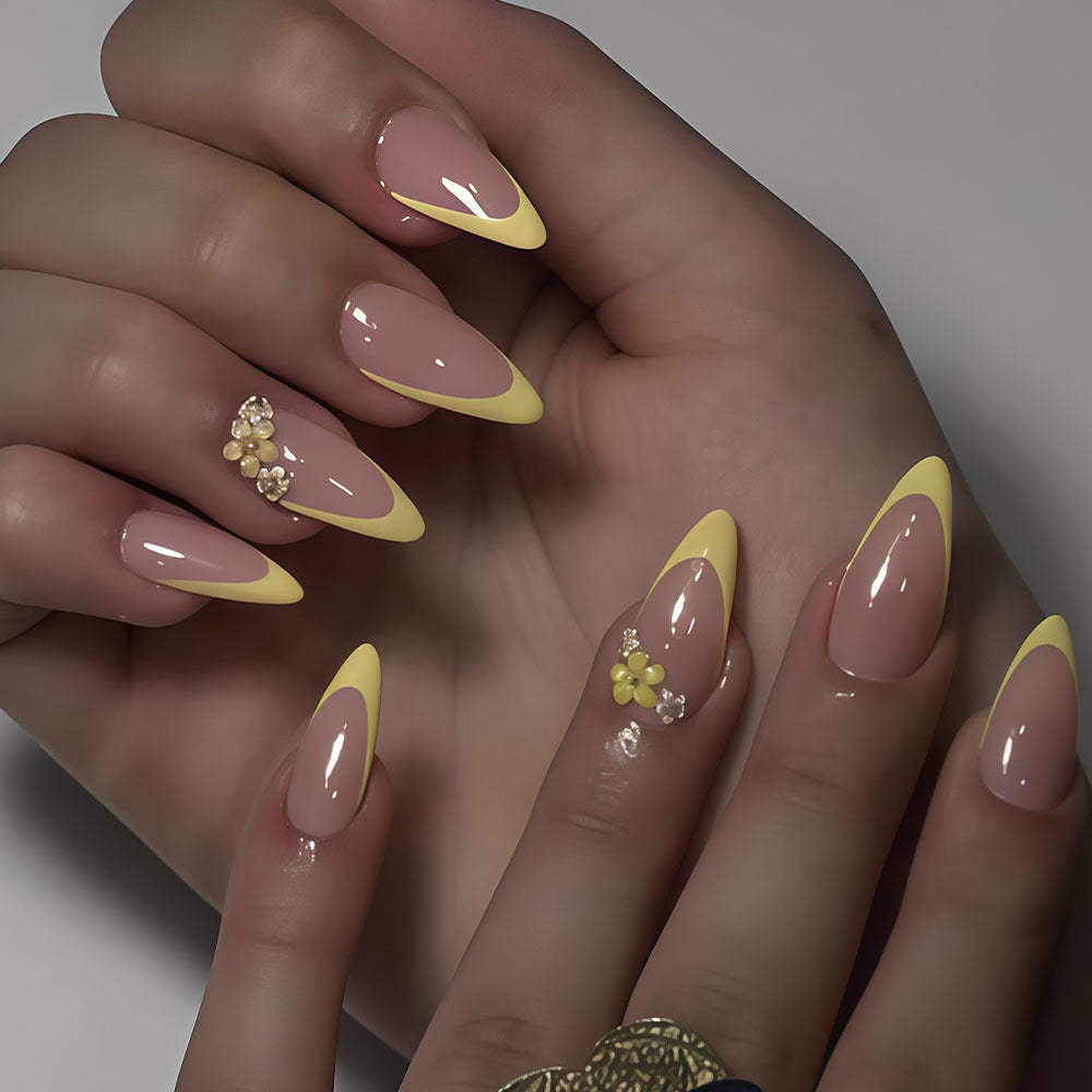 Chic Floral Dream Long Almond Shaped Press On Nail Set in Soft Pink and Sunny Yellow with Elegant Flower Accents