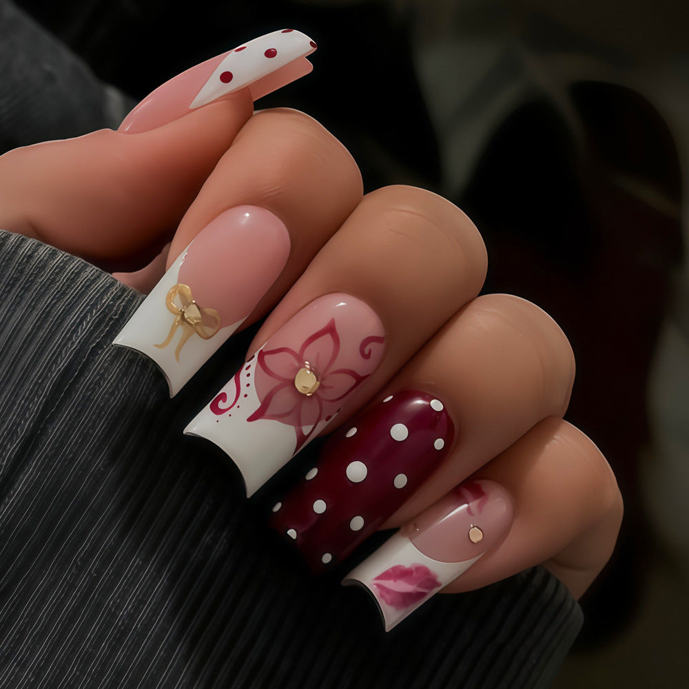 Whimsical Garden Pressed Nail Set Long Square Pink and Burgundy with Floral and Polka Dot Accents