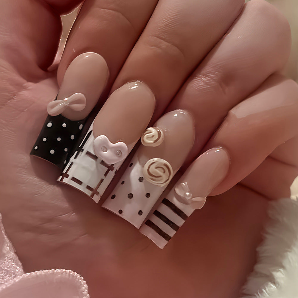 Charming Delights Long Square Beige with Playful Polka Dots and Whimsical Ribbons Press On Nail Set