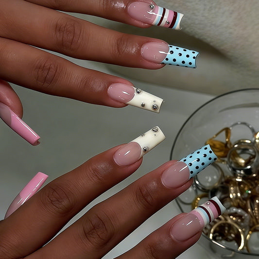 Chic Pastel Extravaganza Long Square Light Pink Blue and White with Dazzling Rhinestone Accents Press On Nail Set