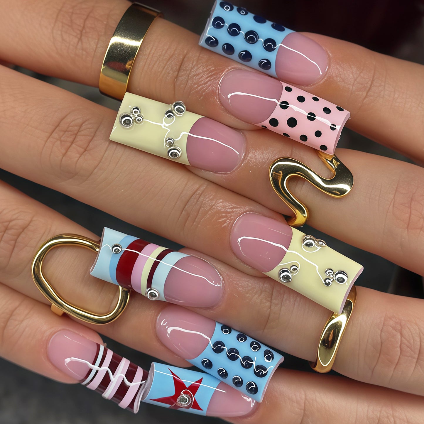 Artistic Elegance Long Square Multicolored with Unique Shaped Embellishments Press on Nail Set