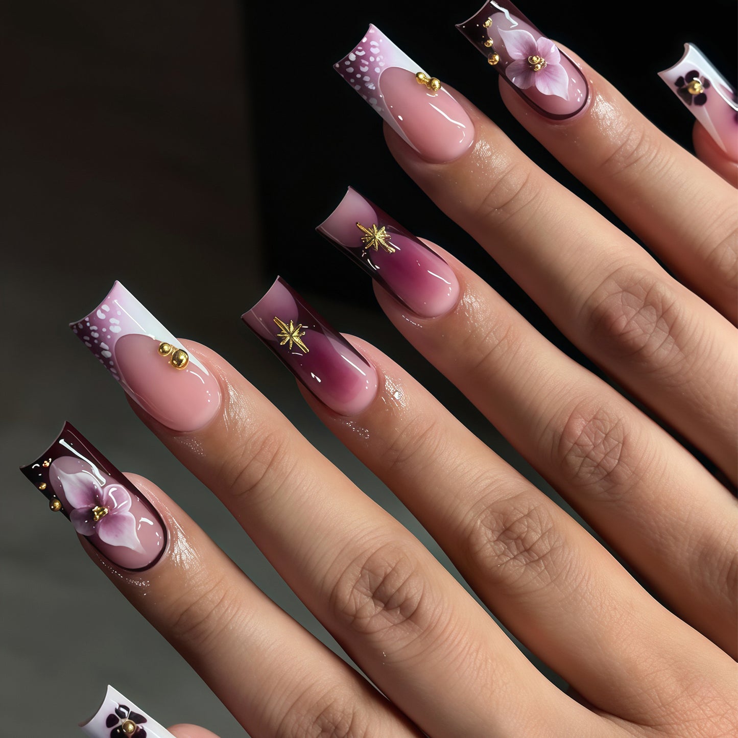 Whimsical Blossom Long Square Pink Ombre with Elegant Floral Accents Press on Nail Set