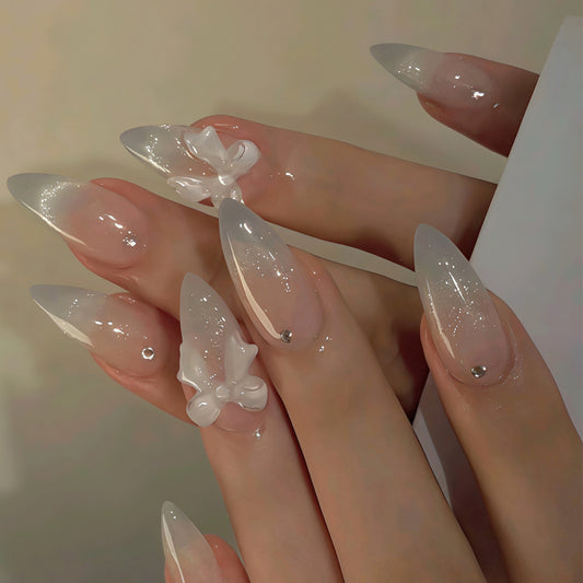 Elegant Dreamscape Long Almond Ombre White with Unique Floral Accent Press On Nail Set