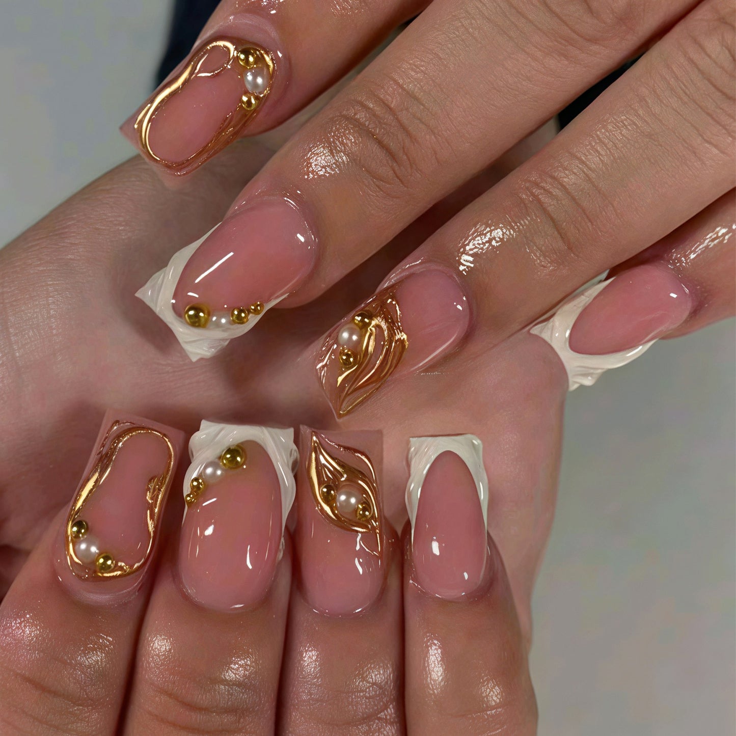 Chic Elegance Long Square Soft Pink with Gold and Pearl Accents Press on Nails Set