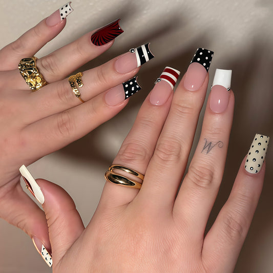 Chic Party Glam Long Square Red Black White with Dazzling Dot Accents Press on Nail Set