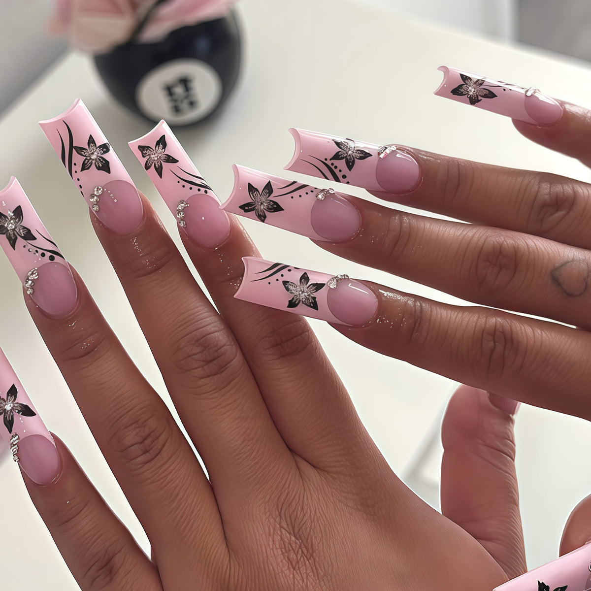 Blossoming Elegance Long Square Pink Floral Press On Nail Set with Stunning Rhinestone Accents