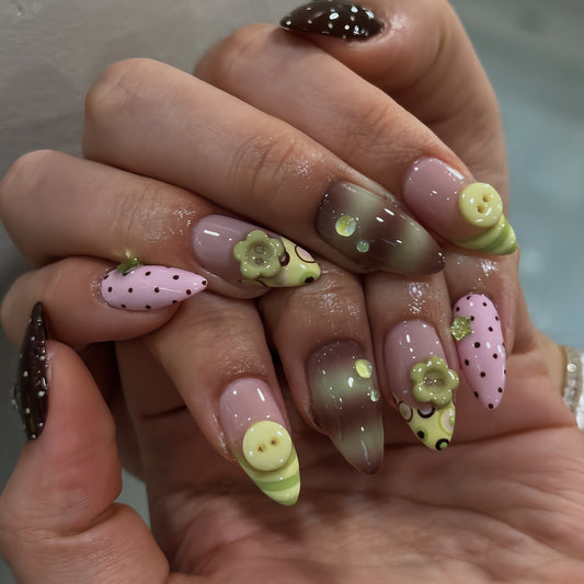 Whimsical Garden Medium Almond Green Floral Details Press On Nail Set