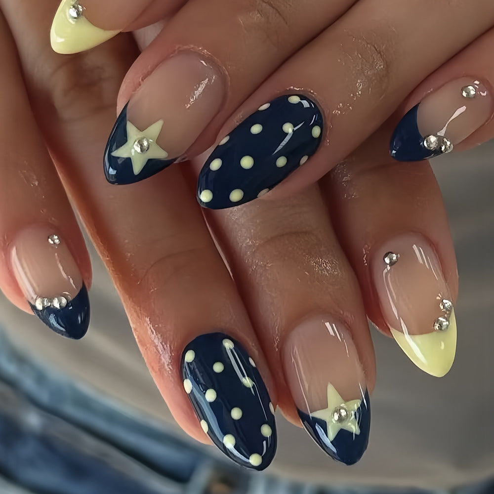 Celestial Dreams Long Almond Navy Blue and Soft Yellow Press On Nail Set with Star and Polka Dot Accents