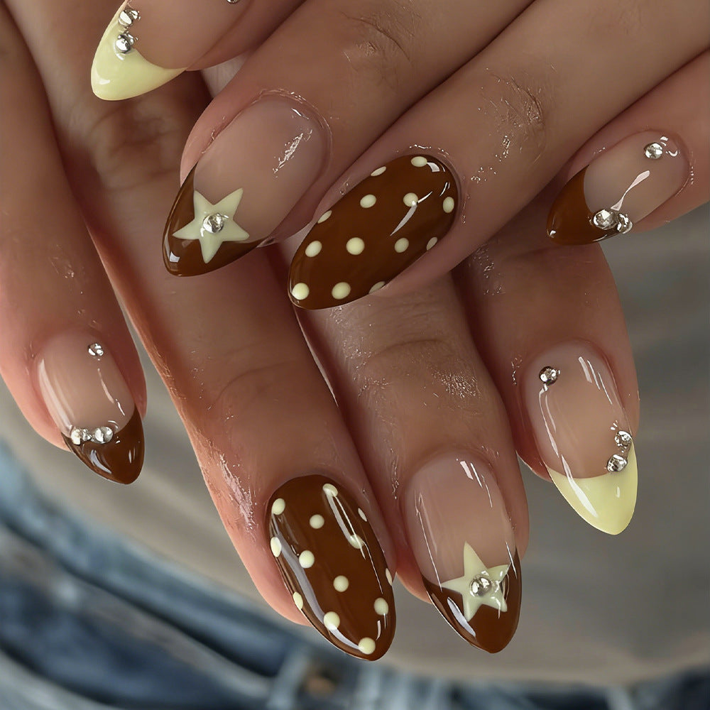 Chocolate Delight Long Almond Brown and Cream with Elegant Rhinestone Accents Press On Nail Set