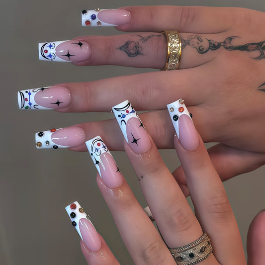 Mystical Elegance Long Square White with Colorful Design Press On Nail Set