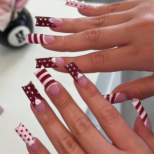 Sweet Treats Long Square Pink and Burgundy Nail Set with Charming Dots and Hearts