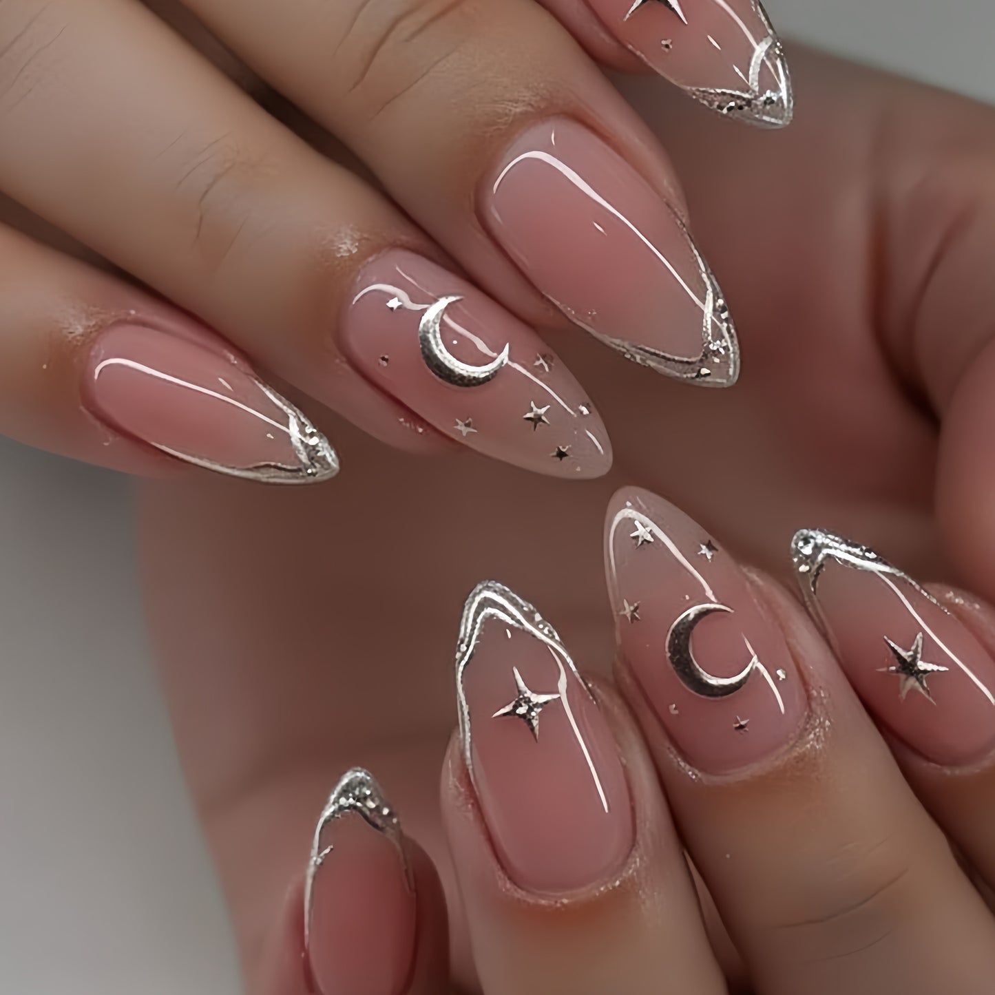 Celestial Dream Long Almond Blush Pink Nails with Silver Moon and Star Accents