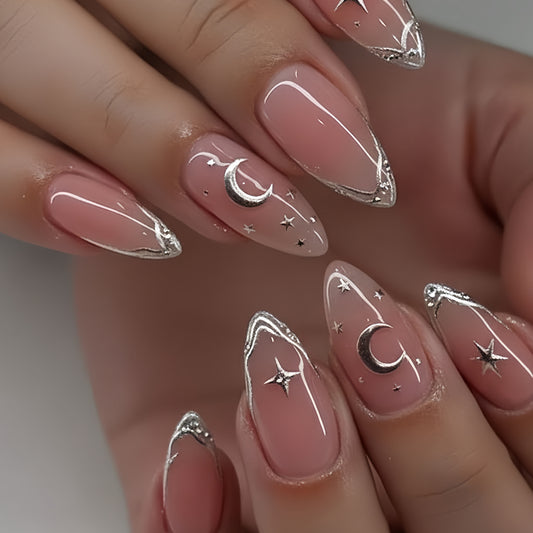 Celestial Dream Long Almond Blush Pink Nails with Silver Moon and Star Accents
