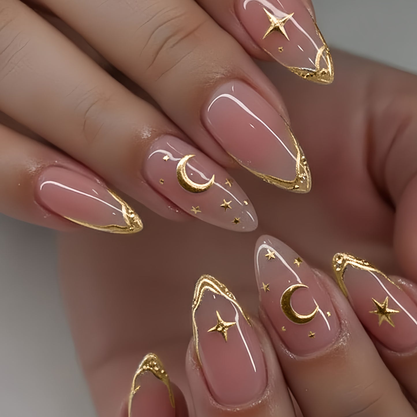 Celestial Dream Press On Nail Set Long Almond Pink with Metallic Gold Star and Moon Design
