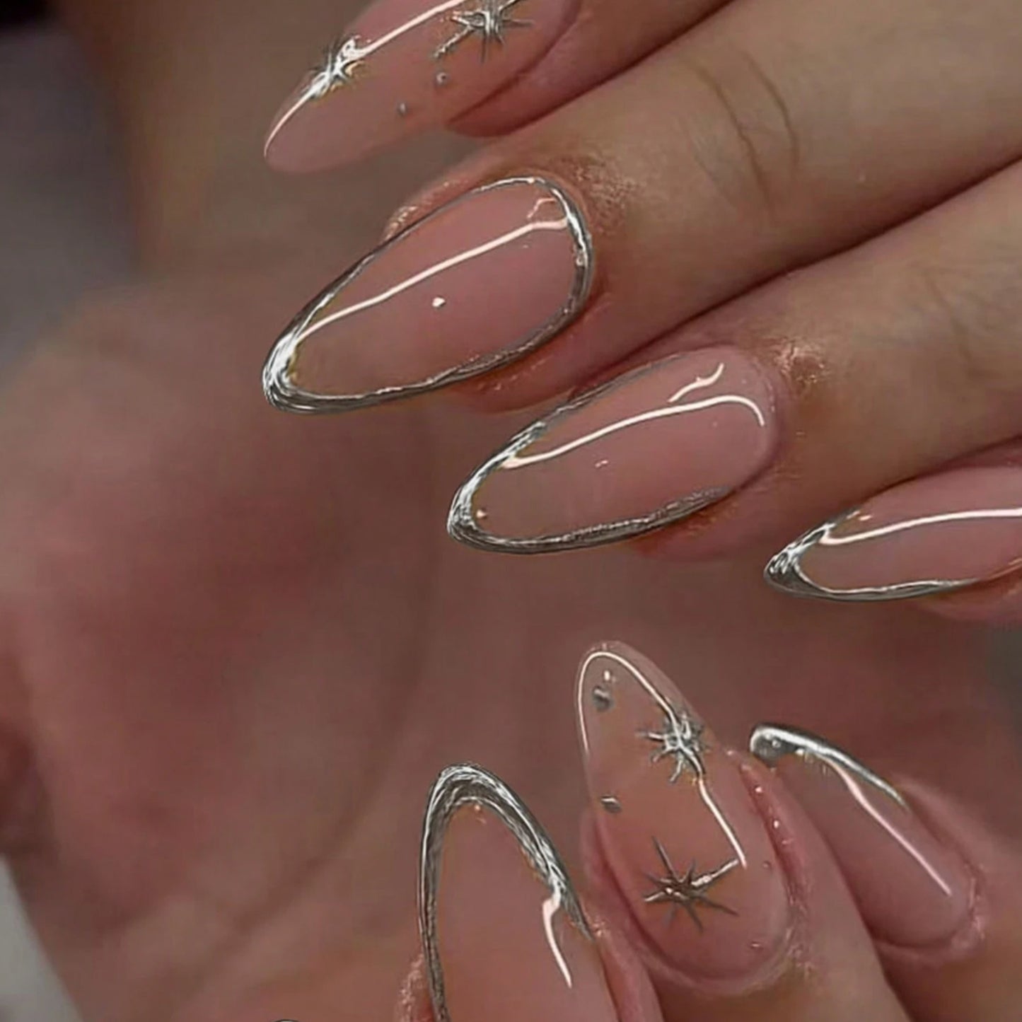 Celestial Glow Long Almond Pink Press-On Nail Set with Shimmering Silver Accents