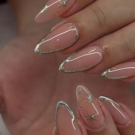 Celestial Glow Long Almond Pink Press-On Nail Set with Shimmering Silver Accents