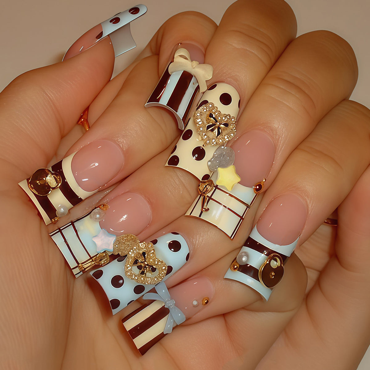 Sweet Treat Themed Long Square Blue and Brown Polka Dot Press on Nail Set with Unique Decorative Charms