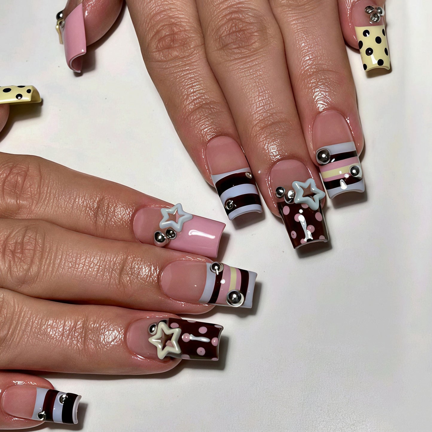 Sweet Delight Long Square Colorful Striped Press-On Nail Set with Charming Star and Gem Accents
