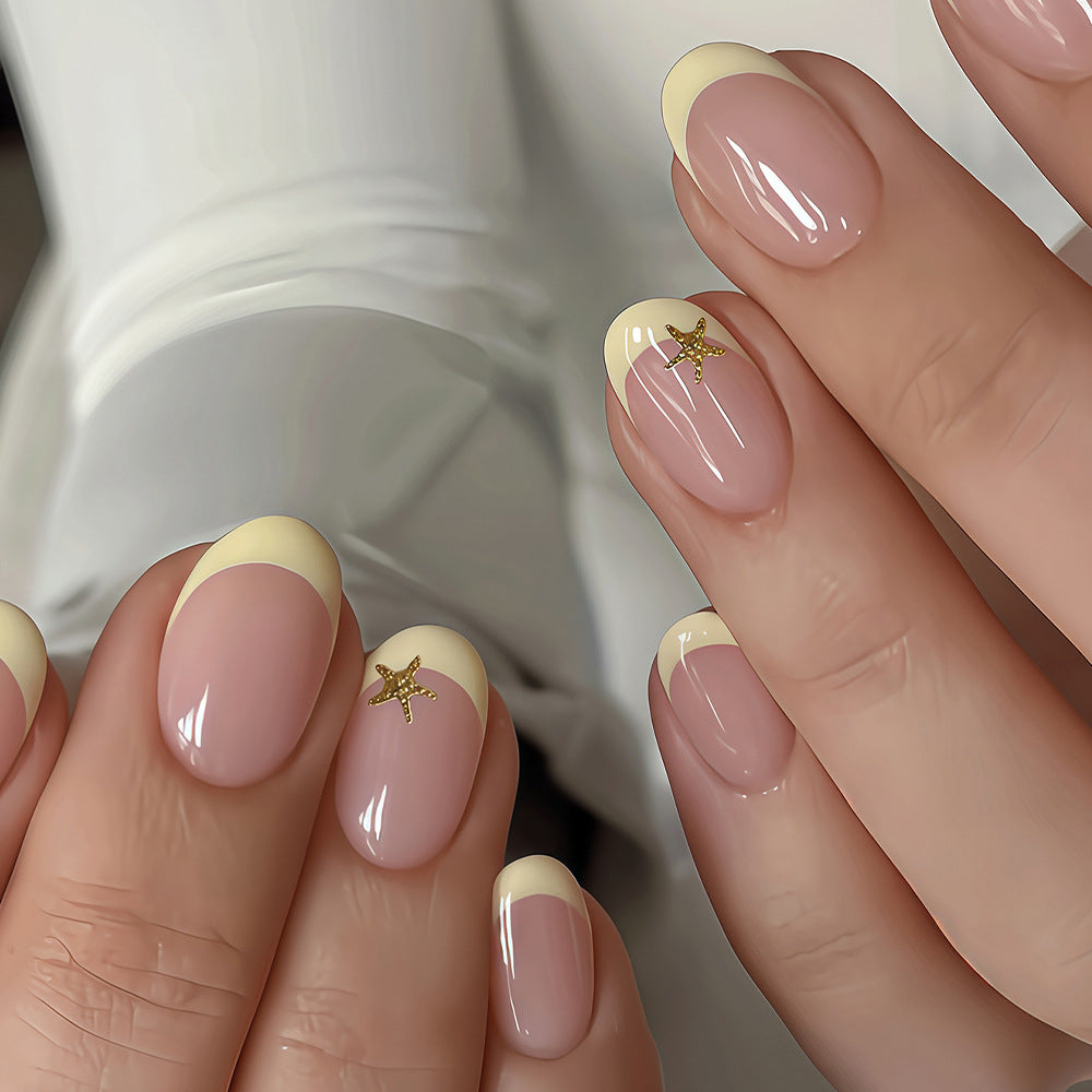 Ocean Breeze Short Oval Beige Pink with Gold Starfish Accent Press-On Nail Set