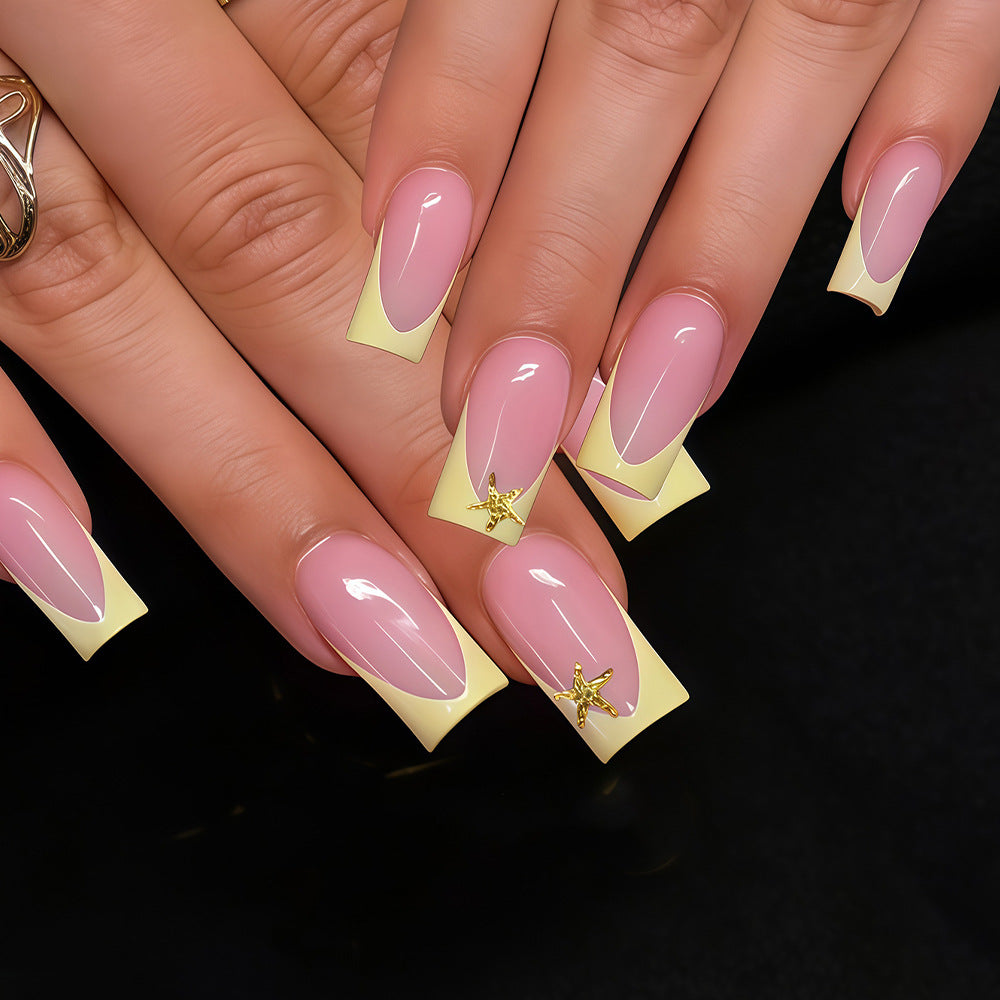 Ocean Breeze Long Square Pink and Yellow Star Accent Press On Nail Set