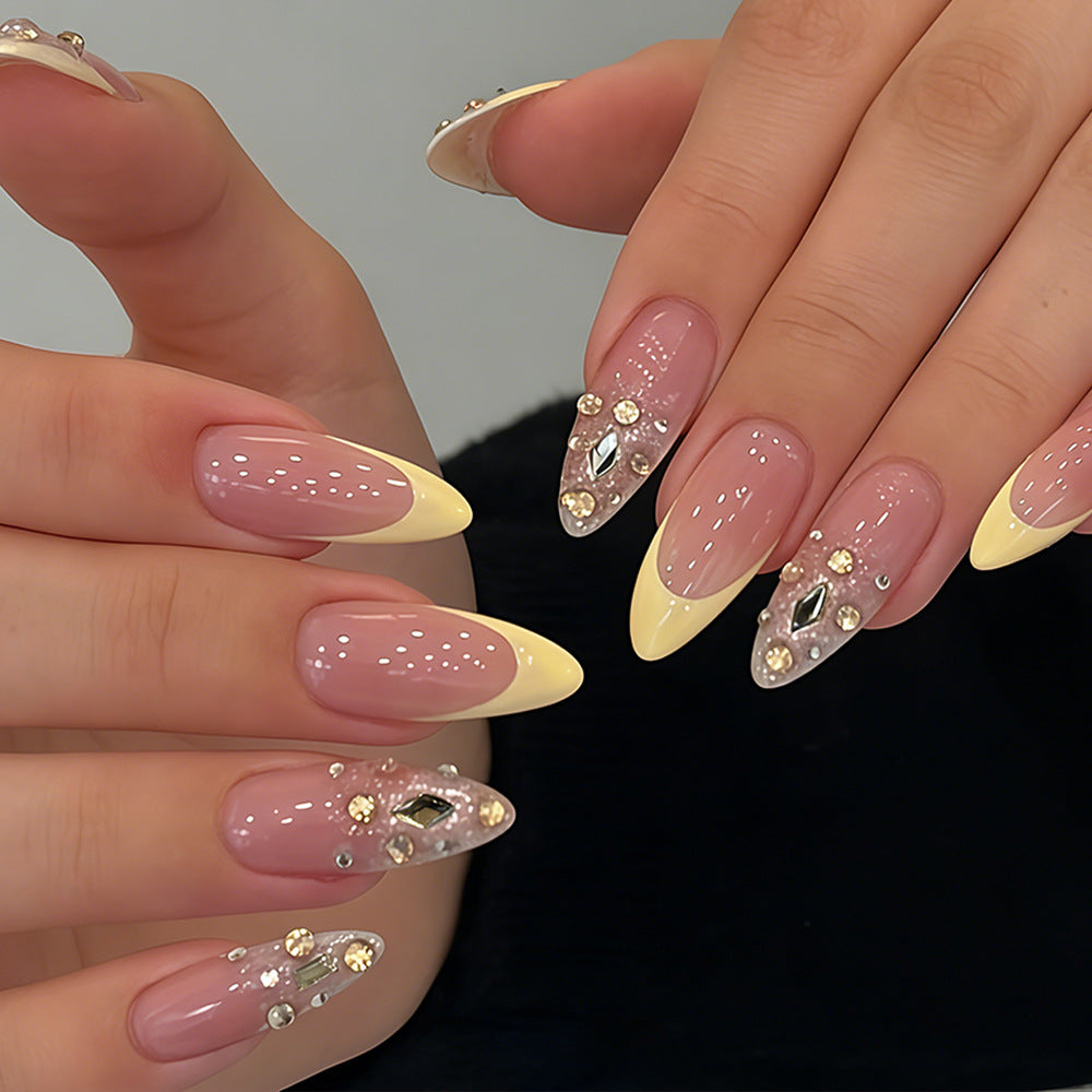 Glamorous Almond Long Yellow and Pink Press on Nail Set with Rhinestone Accents