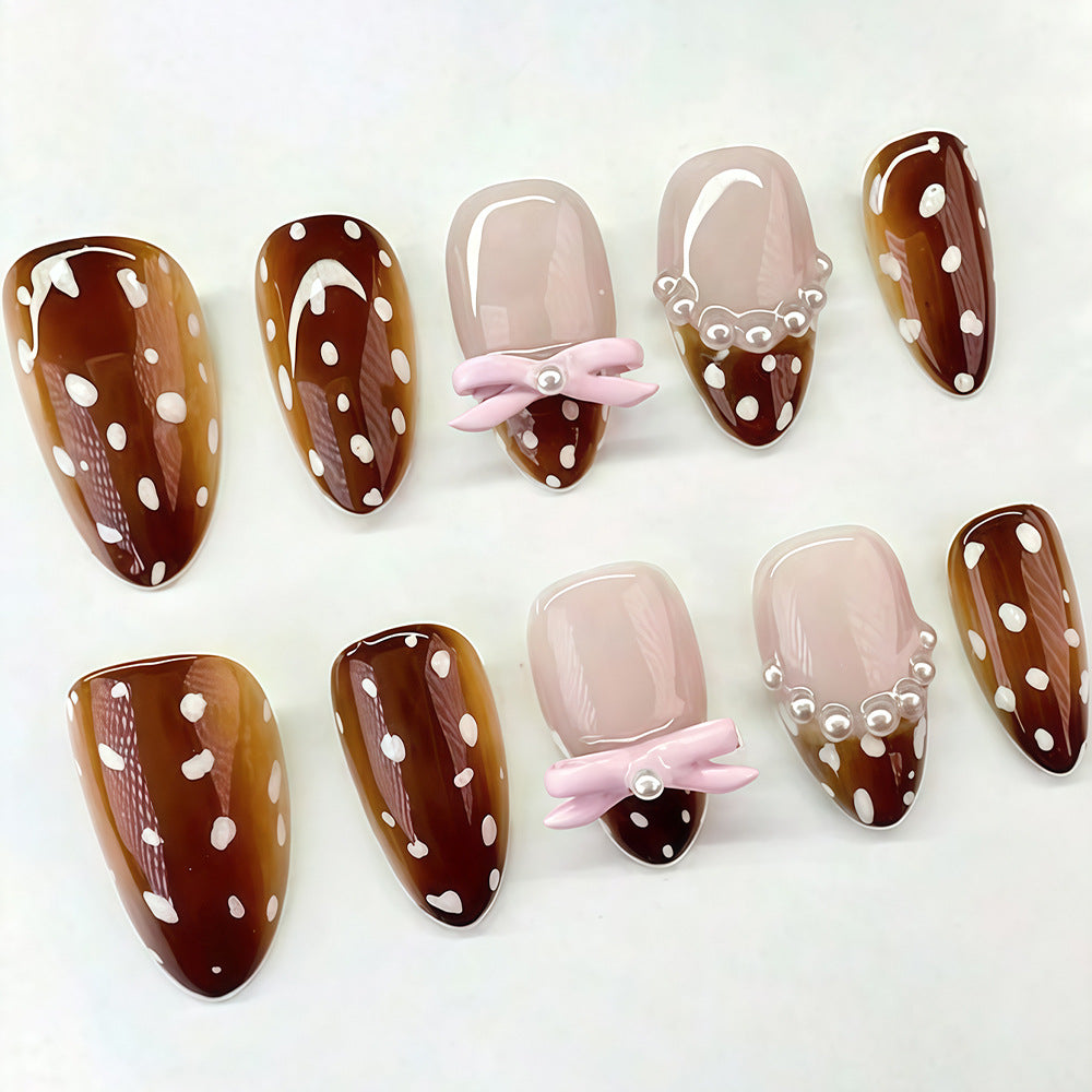 Sweet Delight Medium Almond Brown with White Polka Dots and Elegant Bow Press-On Nail Set