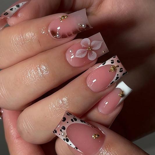 Floral Elegance Medium Square Clear Pink Press On Nail Set with Unique Gold Accents